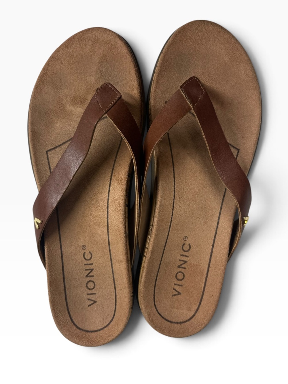 VIONIC Women's 7.5 Brown Leather Daniela Leather Thong Flip Flop Comfort Sandal